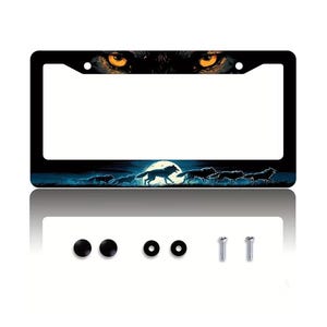 Moonlight Wolf License Plate Frame, Mystic Wolf Car Accessory, Dark Forest Metal Auto Decor, Wildlife Aesthetic Plate Holder for Wolf Lovers