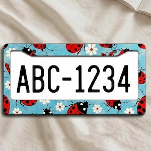 May include: License plate frame with a light blue background featuring red ladybugs and white flowers. The frame surrounds a white plate with the black text "ABC-1234".
