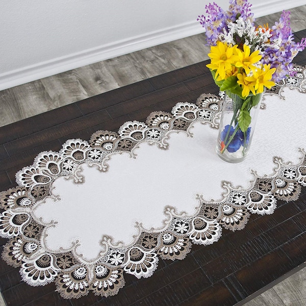 Antique Beautiful Cocoa Brown/Taupe and White Lace  Placemats, Runners, Table Toppers, Doilies, Table Cloths and Mantle Scarts