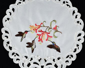 SALE!!! Embroidered Hummingbird and Honeysuckle 11", 24" Round Doily and 16" X 54" Runners