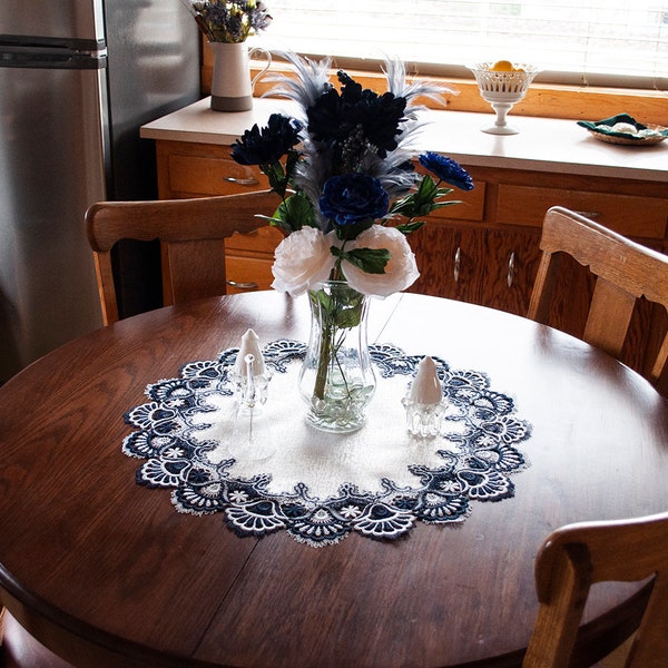 Antique Farm House or Elegant Country Navy/White Lace on White Table Linens Doilies, Table Topper and Table Runners