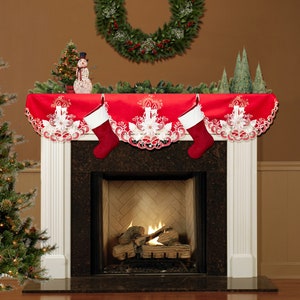 Beautiful White Candles and Bells on Red Linen Christmas Doilies, Place Mats, Runners, Table Cloths and Mantle Scarfs