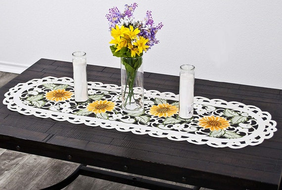 Antique Beautiful Embroidered Sunflower and Green Leaves with