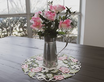 Embroidered Bright Pink Victorian Roses on Ivory Fabric, Dresser Scarf, Coffee Roses on Ivory Fabric, Dresser Scarf, Coffee Table Runner