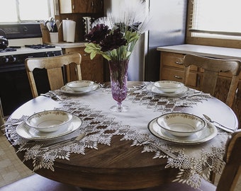 Elegant Two-Tone Taupe and Beige Lace Tablecloth, Doily, Placemat, Runner, and  Fireplace Mantle Scarf on Beige Linen