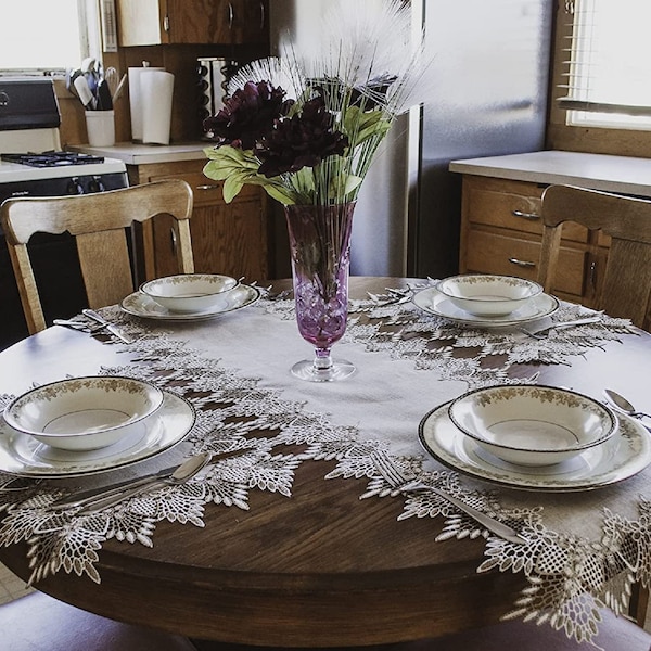 Elegant Two-Tone Taupe and Beige Lace Tablecloth, Doily, Placemat, Runner, and  Fireplace Mantle Scarf on Beige Linen