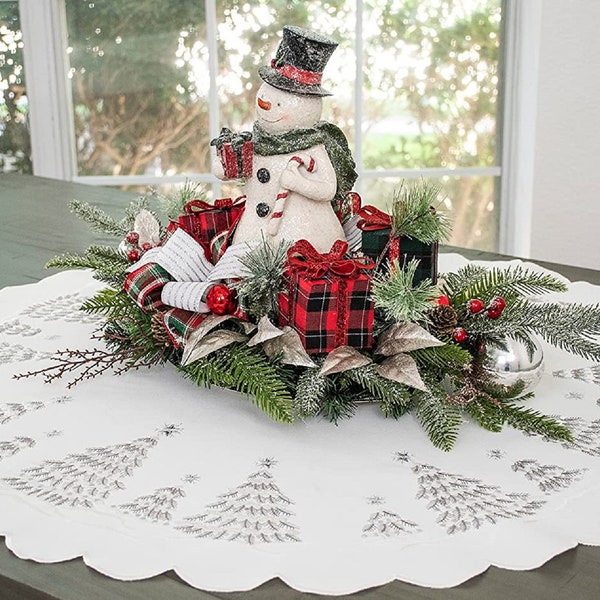 Embroidered Holiday Silver Christmas Tree Rectangle Runners and Square Table Toppers on White Polyester