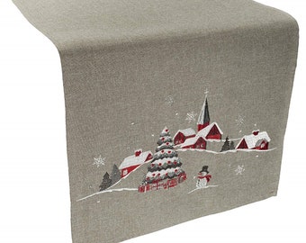 Embroidered Christmas Outdoor Snowman Scene Table Runner, Table Topper and Mantle Scarves