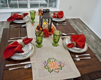 Fall Embroidered Pumpkin and Grapes on Beige Polyester Linen with Border Hem and Fall Flowers