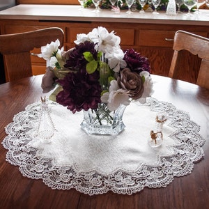 Elegant Royal Wedding Lace Rose on White Jacquard Table Linen Runner and Doily