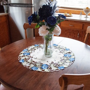 Antique Embroidered Blue Rose on White Doily and Runners