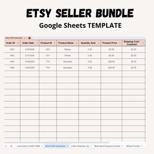 Puede incluir: Una plantilla de hoja de cálculo titulada "ETSY SELLER BUNDLE" con el subtítulo "Google Sheets TEMPLATE." La hoja de cálculo incluye columnas para ID de pedido, fecha de pedido, ID de producto, nombre del producto, cantidad vendida, precio del producto y costo de envío.