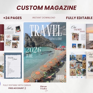 Puede incluir: Una plantilla de revista digital personalizable de 24 páginas con temática de viajes. La portada muestra una playa con sombrillas a rayas naranjas y el texto TRAVEL MAGAZINE 2026 JUNE. Incluye diseños de páginas interiores con collages.