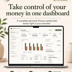 May include: A digital personal finance dashboard displayed on a laptop screen, titled Personal Finance Command Center. The interface shows financial data including total income, expenses, net income, savings rate, and transaction lists in a browser.