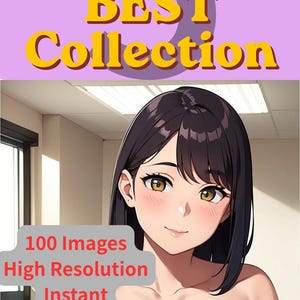 Może przedstawiać: Cyfrowa grafika przedstawiająca postać w stylu anime z ciemnymi włosami i bursztynowymi oczami. Tekst brzmi: 100 AI Anime Girls Bundle 4K PNG, 5 BEST Collection oraz 100 Images High Resolution Instant Download. Tło jest w kolorze jasnofioletowym.