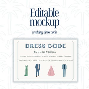 Op de afbeelding: Een trouw dresscodekaart met de tekst "Editable mockup" en "wedding dress code". De kaart luidt "DRESS CODE SUMMER FORMAL" met kledingsuggesties voor dames en heren. Illustraties van jurken en pakken zijn inbegrepen.