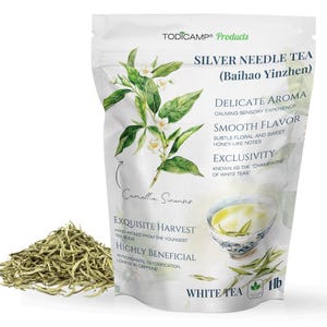 May include: A package of Silver Needle Tea (Baihao Yinzhen) with a sprig of Camellia Sinensis. The package highlights the tea's delicate aroma, smooth flavor, and exclusivity. A pile of loose tea leaves is next to the package. The package is labeled as 1 lb.