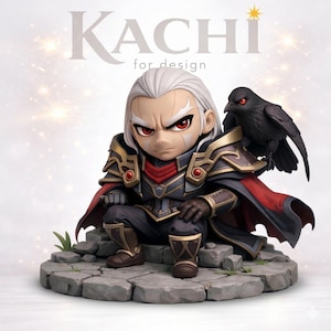 Puede incluir: Figura detallada de un personaje de rostro severo con cabello blanco, ojos rojos y armadura ornamentada, sentado sobre una base de piedra. Un cuervo negro se posa sobre el hombro del personaje. El texto "KACHI for design" está en la parte superior.