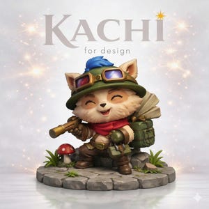 May include: A figurine of a cartoon character with a green hat, goggles, and a red scarf, holding a telescope. The figurine has a backpack and is standing on a stone base with a mushroom. The text "KACHI for design" is above the figurine.
