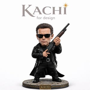 May include: A figurine of a character in a black leather jacket, sunglasses, and holding a shotgun. The figurine is standing on a stone-like base with the word "KACHI" on a small plaque. The logo "KACHI for design" is at the top.