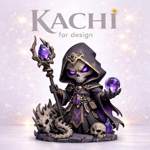 May include: A figurine of a skeletal wizard in a black and purple hooded robe, holding a staff with a purple crystal and a glowing orb. The figurine is on a stone base with a dragon skeleton and skull. The text "KACHI for design" is at the top.
