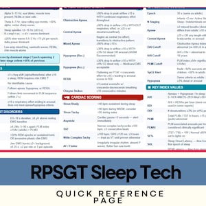 May include: A quick reference page for RPSGT Sleep Tech, featuring key index values and sleep staging criteria. The page includes sections on arousals, movement disorders, and cardiac scoring, with detailed definitions and thresholds.