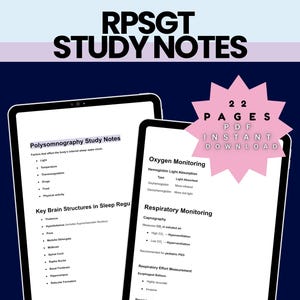 Puede incluir: Dos tabletas digitales que muestran notas de estudio para RPSGT. La tableta izquierda muestra "Polysomnography Study Notes" y "Key Brain Structures in Sleep Regu". La tableta derecha muestra "Oxygen Monitoring" y "Respiratory Monitoring". Un gráfico rosa en forma de estrella dice "22 PÁGINAS PDF DESCARGA INSTANTÁNEA".