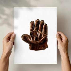Op de afbeelding: Een vintage bruin leren honkbalhandschoen met zichtbare slijtage en stiksels. De handschoen wordt gepresenteerd tegen een witte achtergrond, die het klassieke ontwerp en de verouderde textuur benadrukt. De vingers en duim zijn duidelijk zichtbaar.