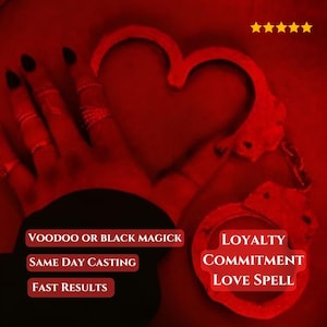 Può includere: Immagine rossa con un design di manette a forma di cuore e una mano con anelli. Il testo include "Voodoo or Black Magick", "Same Day Casting", "Fast Results", "Loyalty Commitment Love Spell".