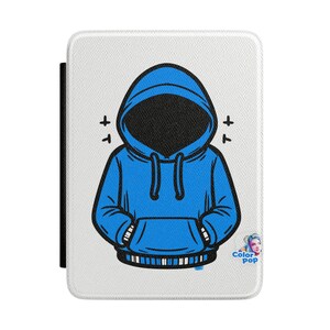 Puede incluir: Una cartera de teléfono blanca con un diseño de sudadera con capucha azul. La ilustración presenta una sudadera con capucha azul con capucha y bolsillos negros. La cartera tiene una correa negra en el lateral y un logotipo de Color Pop en la esquina inferior derecha.