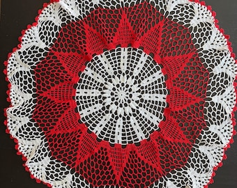 Vintage Tabletop Centerpiece handmade red and white Christmas crocheted doily 28”