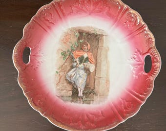Plato decorativo antiguo de porcelana victoriana con escena de cortejo, 9 pulgadas.