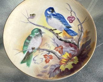 Vintage 1940s Hand Painted Porcelain Plate Blue Green Birds 6.25"
