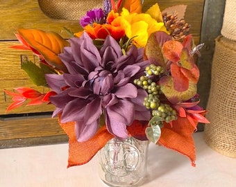Autumn Flower Arrangement / Floral Centerpiece / Fall Decorating / Country Decor / Mason Jar Flowers for Fall Wedding, Party, Home