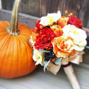 Fall Wedding Bouquet - Orange and Yellow Silk Bridal Bouquet with Roses, Tulips, Blackberries - Brides Bouquet