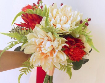Protea Bouquet, Tropical Silk Flower Bouquet, Tropical Bouquet Wedding Flowers, Boho Bridal Bouquet: Coral Red Peach with Fern, Eucalyptus