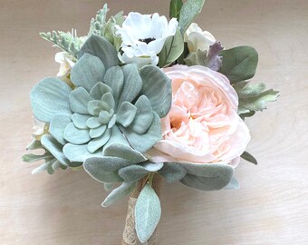 Succulent Bouquet; Pink Ivory Green Wedding Bouquet; Silk Wedding Flowers with Roses, Peonies, Succulent; Bridal Bouquet Pastel Colors