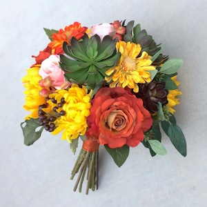 Fall Floral Silk Wedding Bouquet in Burnt Orange, Yellow, Pink & Green with Succulents, Roses, Mums, Autumn Berries and Eucalyptus