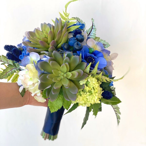 Navy Bouquet, Blue Bouquet, Succulent Bouquet, Navy Blue Bouquet, Wedding Flowers, Silk Bouquet, Wedding Bouquet, Woodland Fern