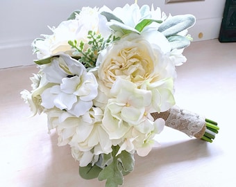 Wedding Bouquet, White Bridal Bouquet, Artificial Flowers: Rose Anemone Hydrangea Calla Lily Chrysanthemum Lambs Ear Dusty Miller Ivory