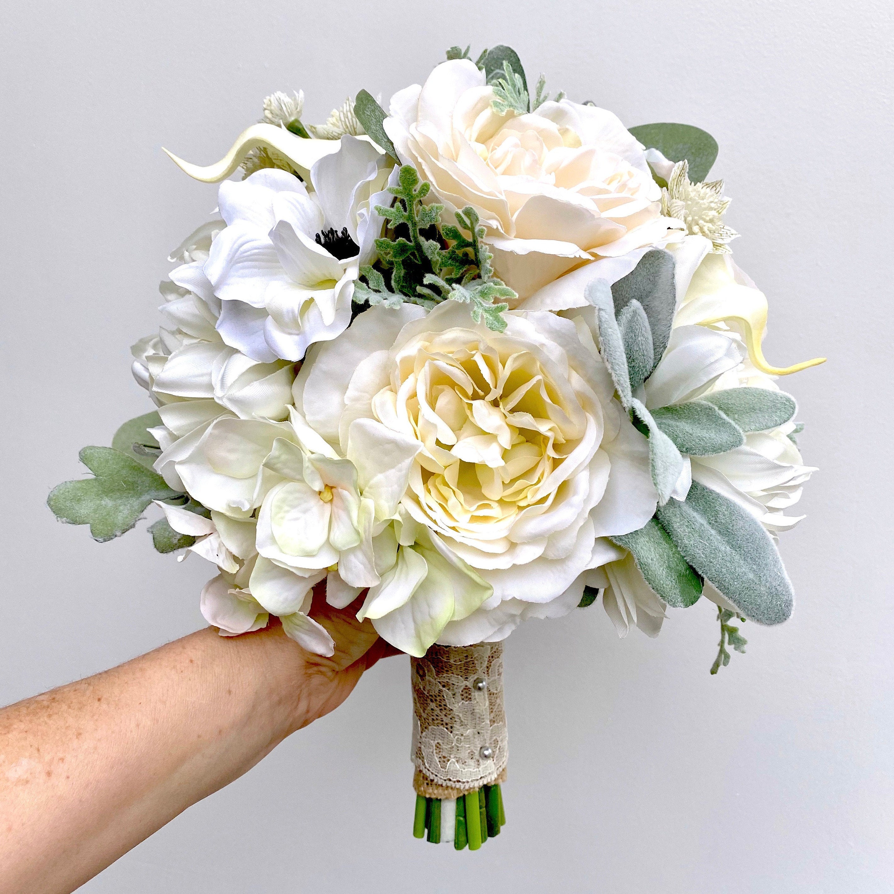 Wedding Bouquet, White Bridal Bouquet, Artificial Flowers: Rose Anemone ...