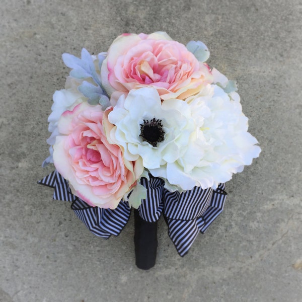 Pink, Black & White Silk Wedding Bouquet with Roses, Peonies, Anemones and Dusty Miller