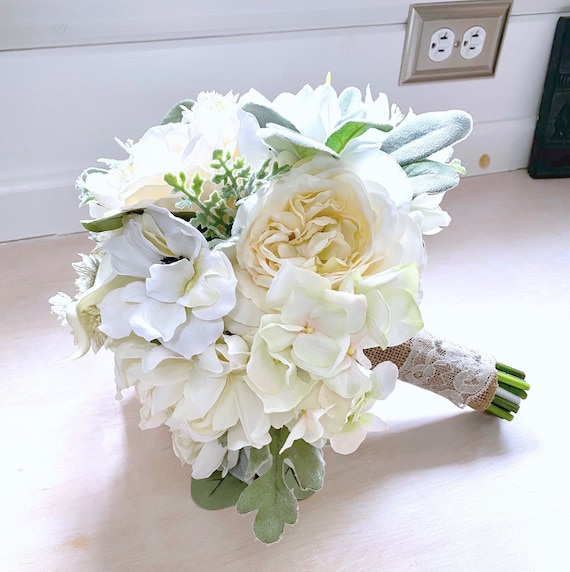 Blue Berry Spray Keepsake Bridesmaid Bouquet Lambs Ear Dahlias Sola Flowers Silk Flowers Thistles Forever Bouquet #1004 Dusty Miller