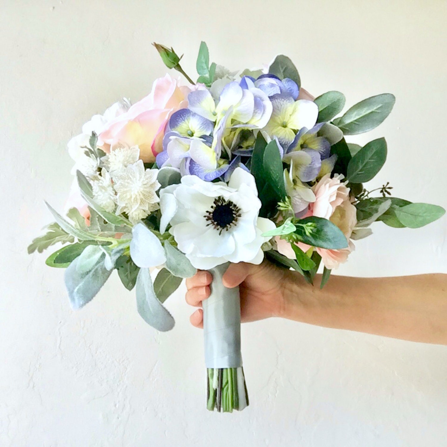 Pastel Pink Navy Blue Rose Eucalyptus Bridal Wedding Bouquet