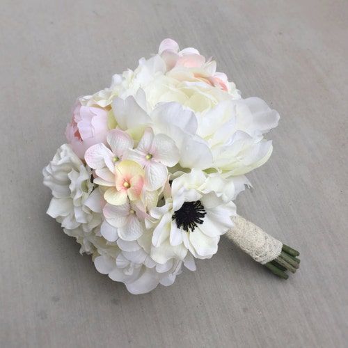 Winter's Blush Bridal Bouquet sales with Peonies, Anemones & Hydrangea in Pale Pink and White - Silk Wedding Bouquet - Wedding Flowers