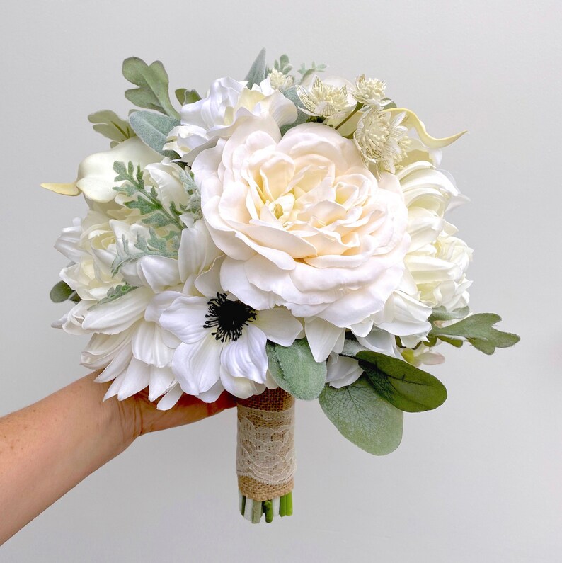 Wedding Bouquet, White Bridal Bouquet, Artificial Flowers: Rose Anemone ...