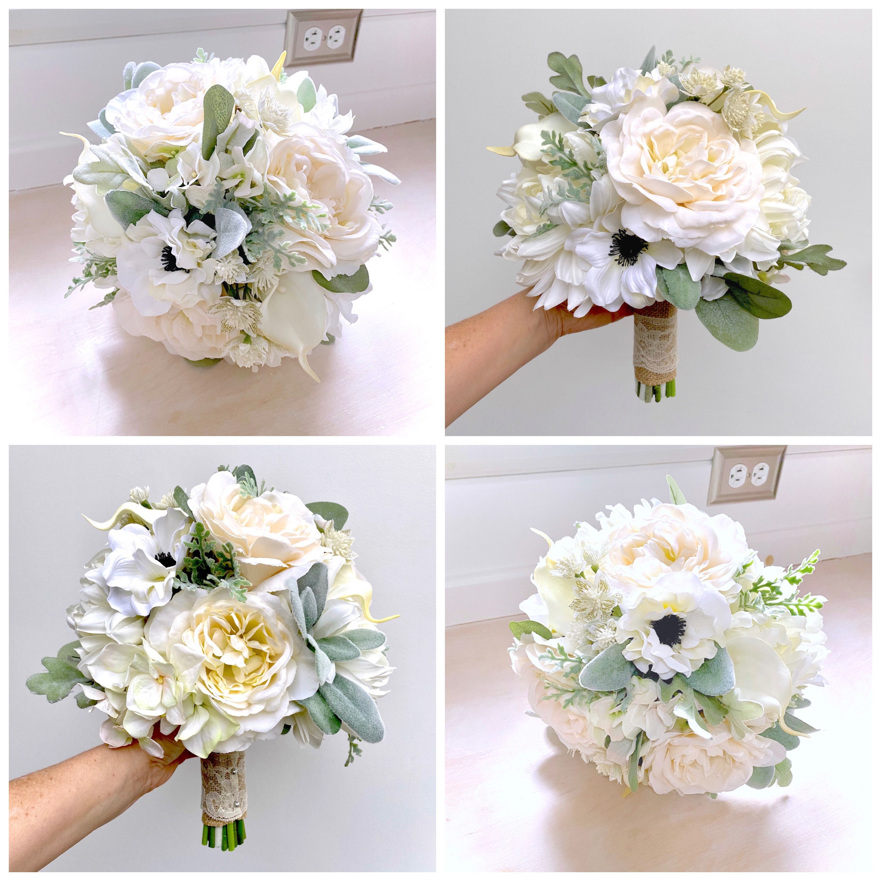 Wedding Bouquet, White Bridal Bouquet, Artificial Flowers: Rose Anemone ...