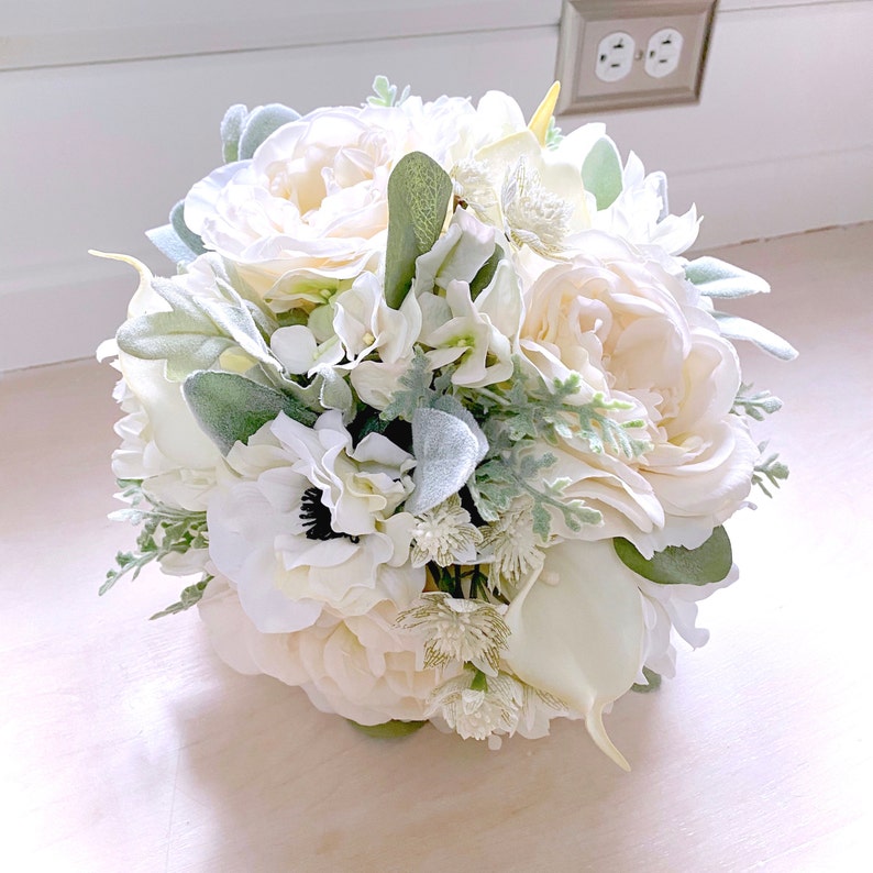 Wedding Bouquet, White Bridal Bouquet, Artificial Flowers: Rose Anemone ...