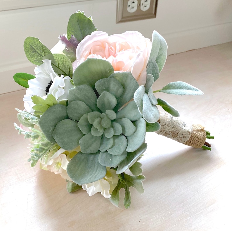 Peonies Succulent Bouquet; Pink Ivory Green Wedding Bouquet; Silk Wedding Flowers with Roses Succulent; Bridal Bouquet Pastel Colors