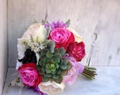 RESERVED - Pink & Lavender Silk Wedding Bouquet with Faux Succulents, Roses, Dahlias, Peonies, Berries, Dusty Miller and Lambs Ear